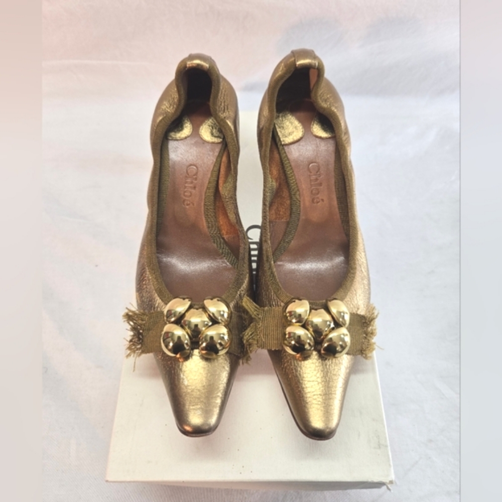 Vintage CHLOE Women's 39 Leather Stretch Gilded Bronze Gold Kitten Heels New